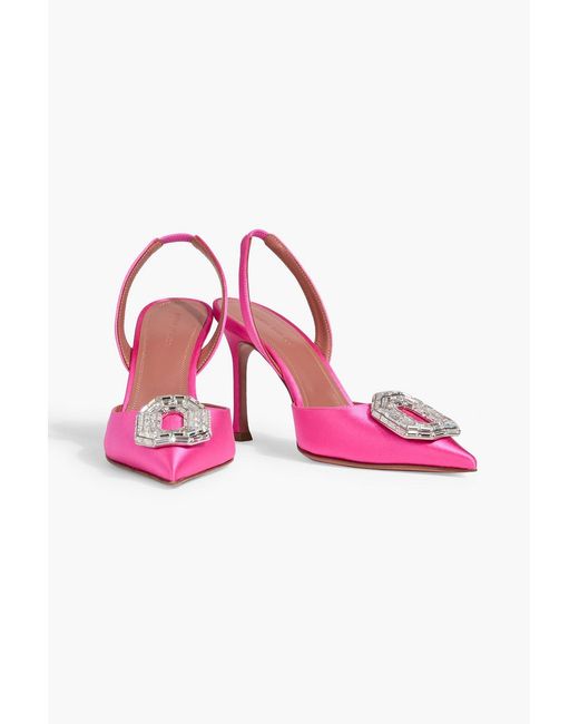 AMINA MUADDI Pink Camelia Crystal-Embellished Satin Slingback Pumps
