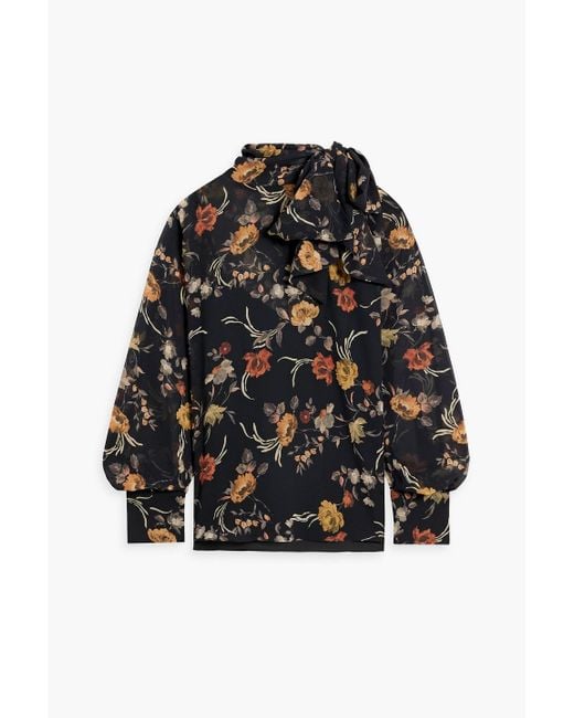 Mikael Aghal Black Floral-print Chiffon Blouse