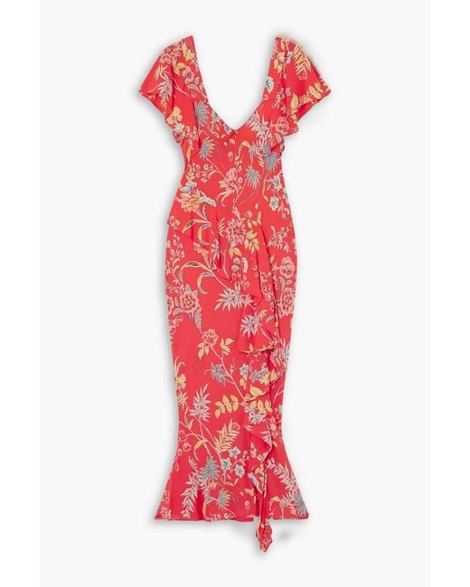 Etro Red Floral-Print Crepe Midi Dress