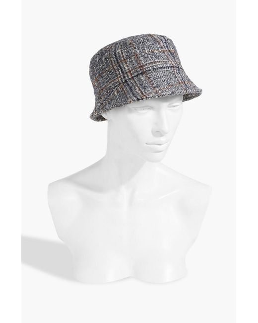 Brunello Cucinelli Gray Bead-embellished Prince Of Wales Checked Wool-blend Tweed Bucket Hat