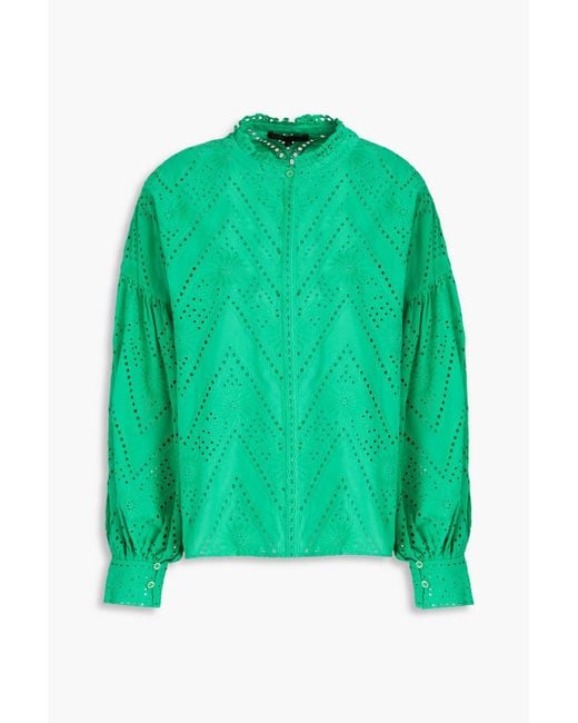 Maje Green Ruffled Broderie Anglaise Cotton Shirt