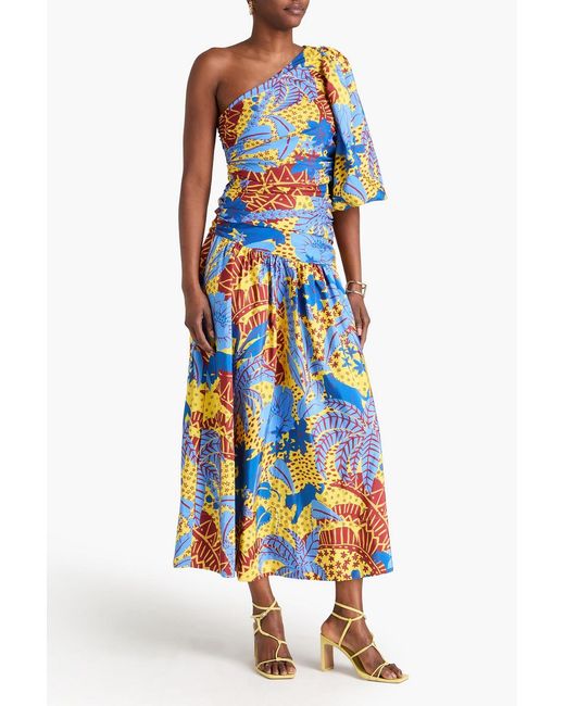 Farm Rio Blue One-sleeve Printed Taffeta Maxi Dress