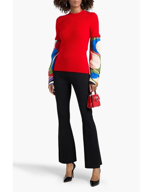 Emilio Pucci Red Printed Twill And Ribbed Wool-Blend Mock-Neck Sweater