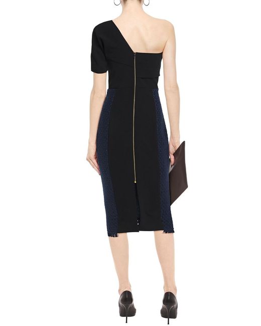 Roland Mouret Blue Morita One-shoulder Twist-front Crepe And Basketweave Wool-blend Midi Dress