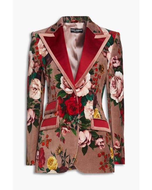 Dolce & Gabbana Red Floral-print Cotton-blend Velvet Blazer