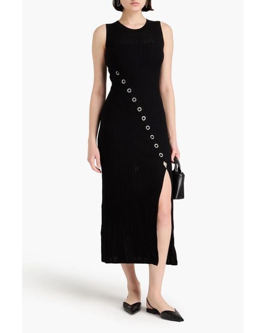 Sandro Black Embellished Ribbed Pointelle-knit Midi Dress