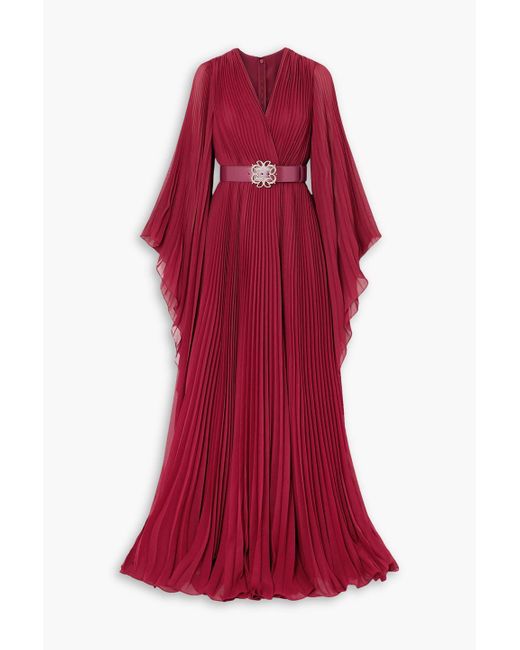 Elie Saab Red Belted Wrap-effect Pleated Georgette Gown
