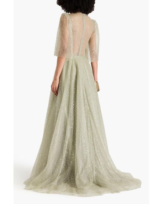 Costarellos Green Glittered Tulle Gown