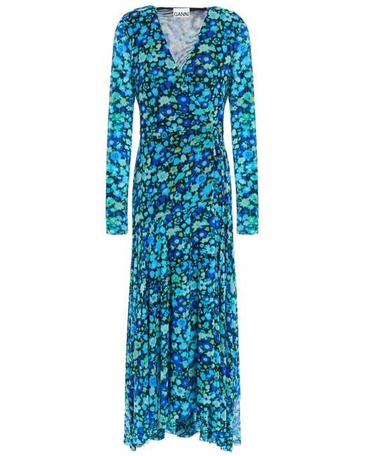 Ganni Blue Floral-print Stretch-mesh Maxi Wrap Dress