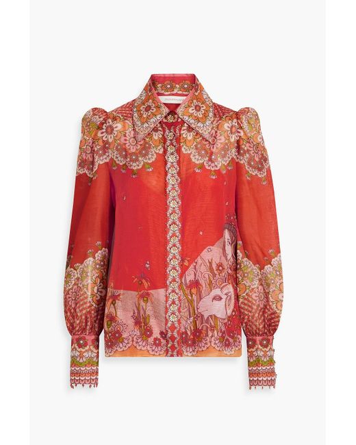 Zimmermann Red Embellished Printed Linen And Silk-blend Shirt