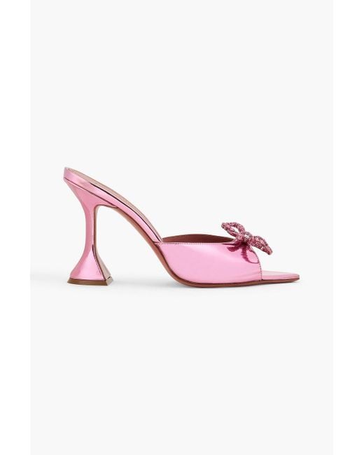 AMINA MUADDI Pink Rosie Crystal-Embellished Bow-Detailed Mirrored-Leather Mules