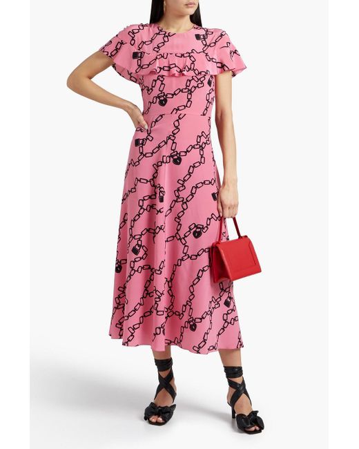 RED Valentino Red Ruffled Printed Silk Crepe De Chine Midi Dress