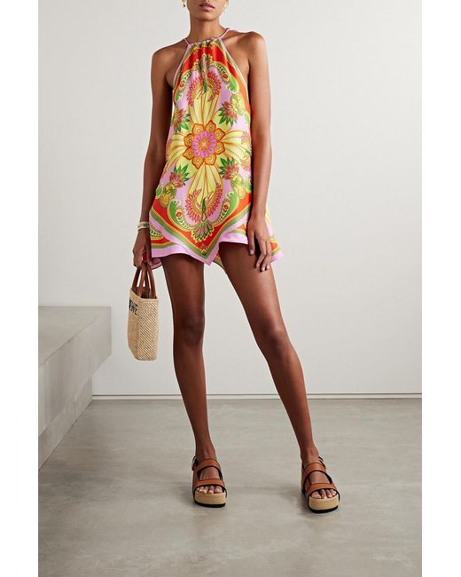 Farm Rio Orange Bead-embellished Printed Satin Mini Dress