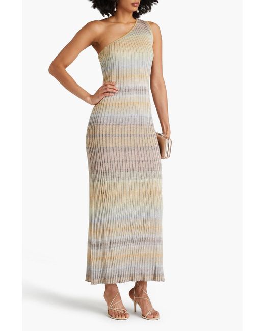 Missoni White Maxikleid aus rippstrick mit metallic-effekt und asymmetrischer schulterpartie