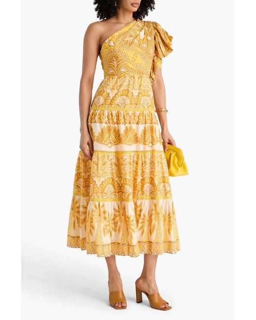 Farm Rio Metallic One-shoulder Ruffled Printed Tm And Cotton-blend Midi Dress