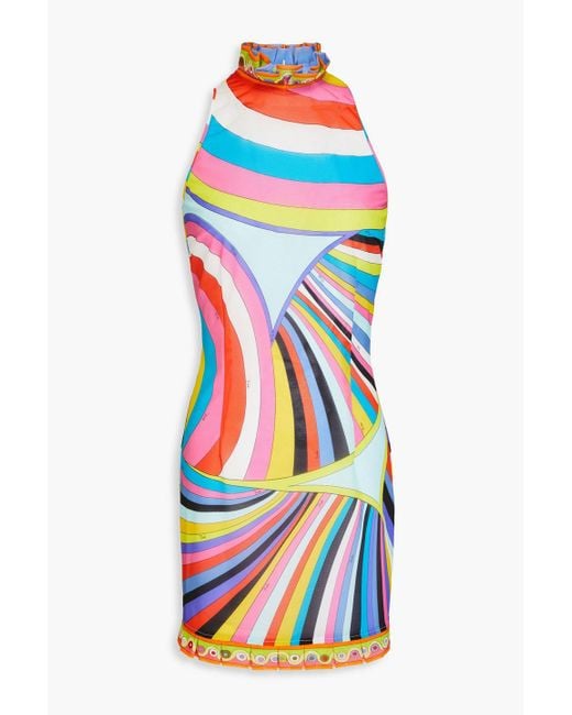Emilio Pucci Blue Pleated Printed Mesh Halterneck Mini Dress