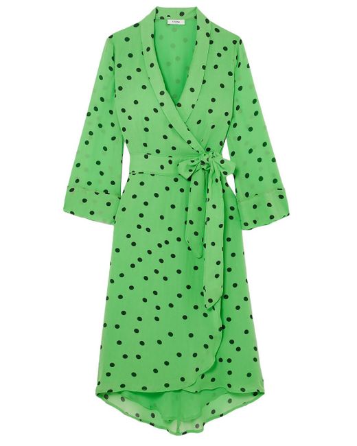 Ganni Polka-dot Georgette Wrap Dress Bright Green