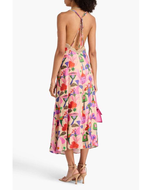 Farm Rio White Lace-trimmed Printed Satin Midi Dress