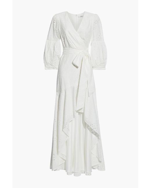 Badgley Mischka White Wrap-effect Broderie Anglaise Dress