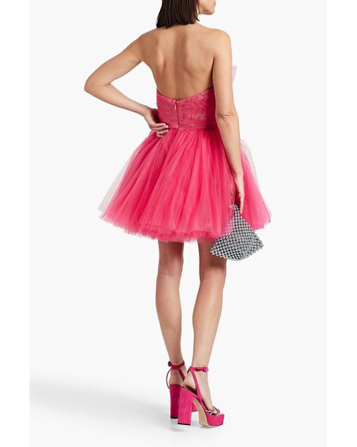 Monique Lhuillier Pink Strapless Gathered Tulle Mini Dress