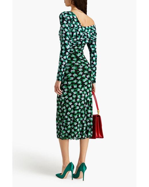 Diane von Furstenberg Green Leia midikleid aus jersey und stretch-mesh mit floralem print und asymmetrischer schulterpartie