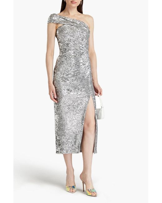 Jonathan Simkhai Gray Zay One-Shoulder Ruched Sequined Jersey Midi Dress
