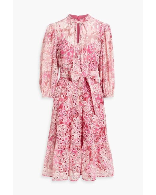 Mikael Aghal Pink Ruffled Printed Broderie Anglaise Midi Dress