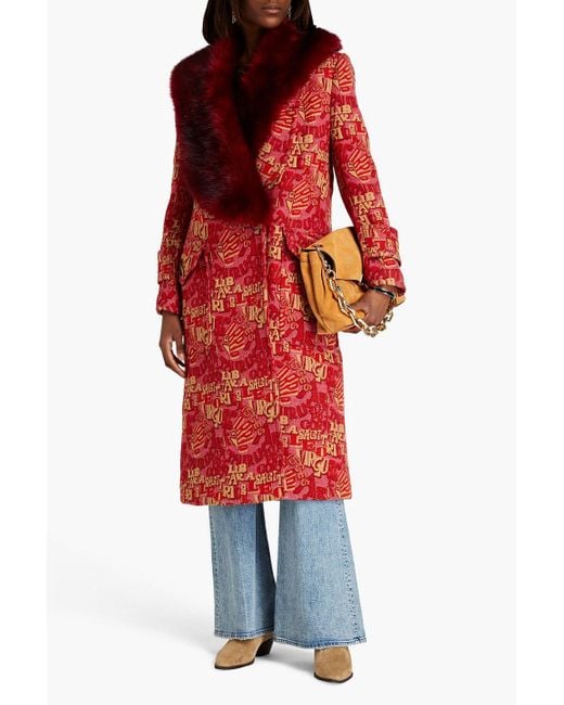 Zimmermann Red Double-breasted Faux Fur-trimmed Jacquard Coat