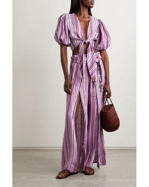 Lisa Marie Fernandez Purple Pouf Cropped Tie-front Striped Linen-blend Top