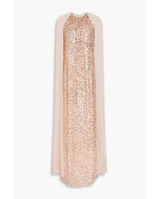Jenny Packham Natural Elite Cape-Effect Embellished Georgette Gown