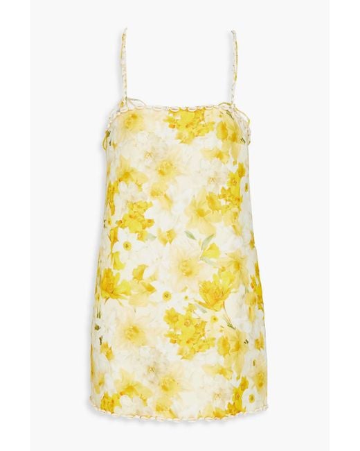 Zimmermann Yellow Minikleid aus leinen mit floralem print und shell-verzierung