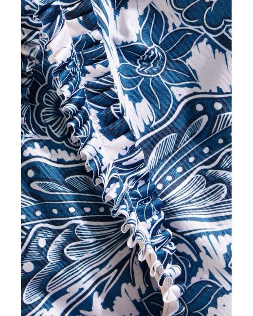 Agua Bendita Blue Olmo Libelulas Noche Ruffle-trimmed Printed Bikini Top