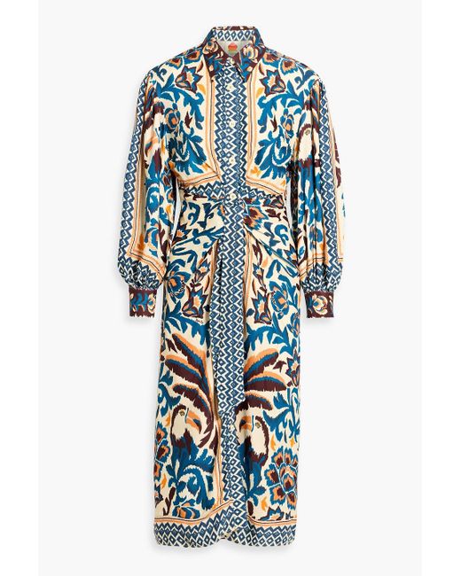 Farm Rio Blue Printed Satin Midi Shirt Dress