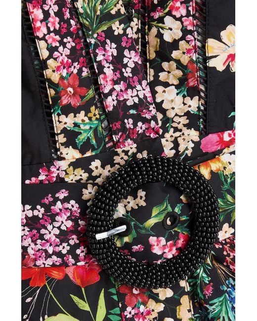 Farm Rio Black Belted Embellished Floral-Print Cotton Playsuit