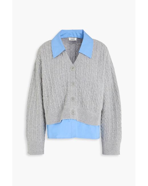 Sandro Blue Layered Poplin And Cable-knit Wool-blend Cardigan