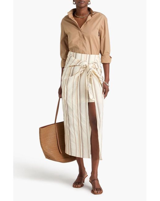 Brunello Cucinelli Natural Wrap-effect Striped Cotton And Linen-blend Midi Skirt