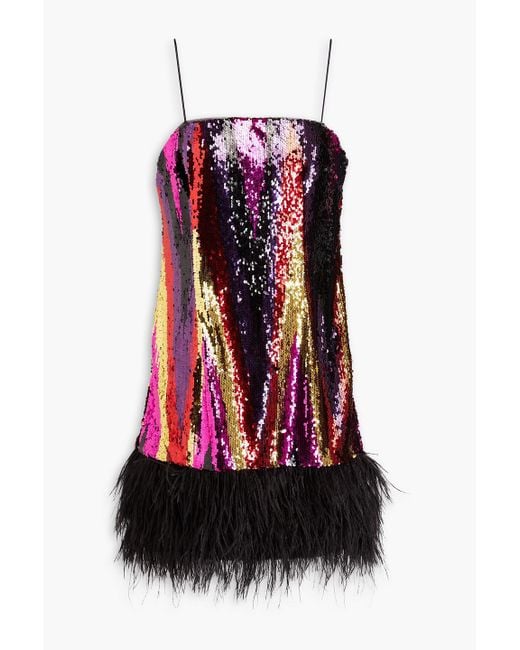 Rebecca Vallance Red Feather-trimmed Sequined Mesh Mini Dress