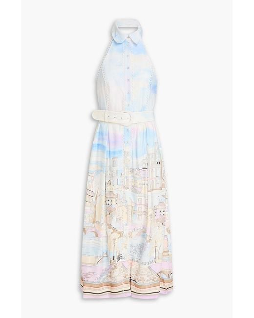 Rebecca Vallance White Belted Printed Linne-Blend Midi Shirt Dress