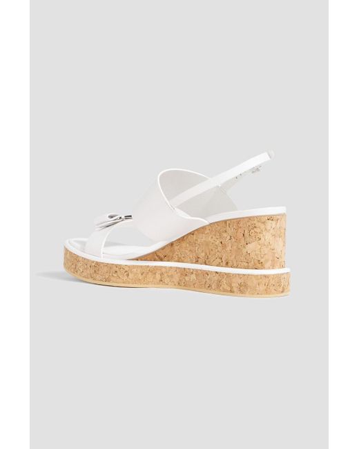 Ferragamo White Giudith Bow-detailed Leather Wedge Slingback Sandals