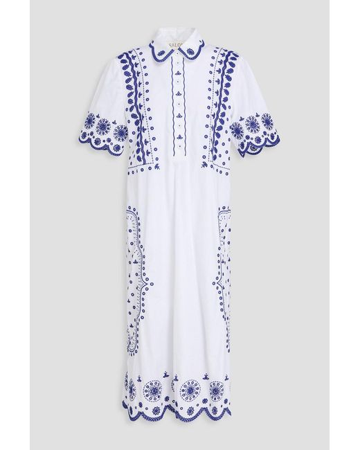 Saloni Blue Broderie Anglaise Cotton Midi Shirt Dress