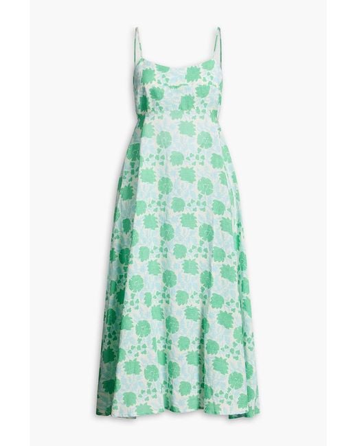 HANNAH Green Elena Floral-Print Linen Midi Dress