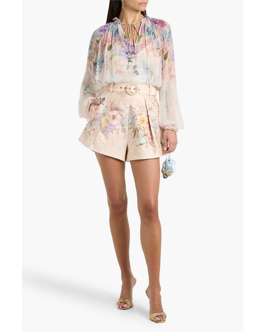 Zimmermann Pink Belted Floral-Print Silk And Cotton-Blend Shorts