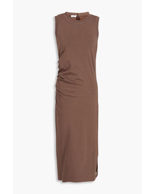 Brunello Cucinelli Brown Bead-embellished Cotton-jersey Midi Dress