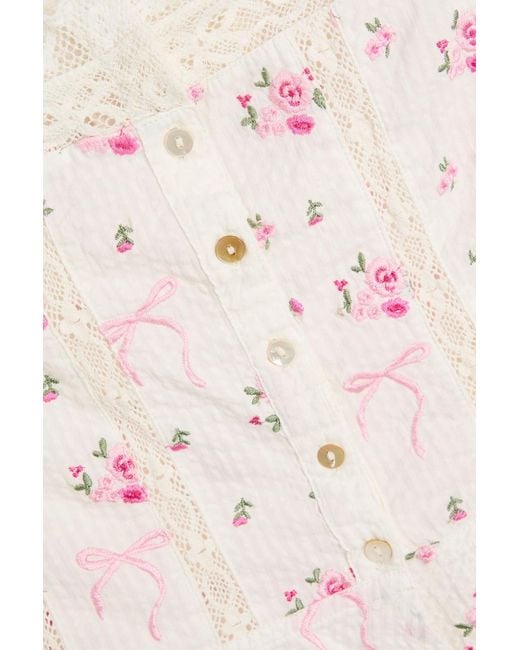 LoveShackFancy White Vietta Lace-Trimmed Embroidered Cotton-Voile Top