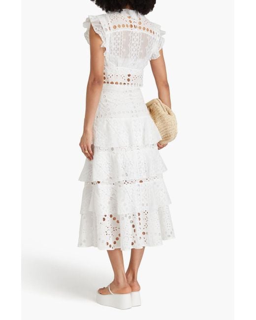 Sandro White Lace-Trimmed Tiered Broderie Anglaise Cotton-Blend Midi Skirt
