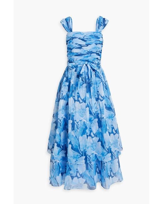 Mikael Aghal Blue Ruched Tiered Floral-print Organza Midi Dress