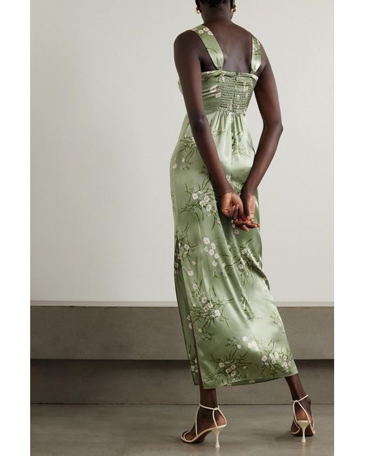 earl silk dress reformation Reformation Earl Draped Floral-print Silk-charmeuse Maxi Dress in Green