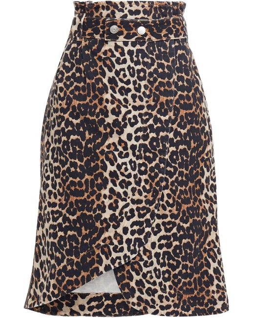 Ganni Multicolor Asymmetric Belted Leopard-print Denim Wrap Skirt