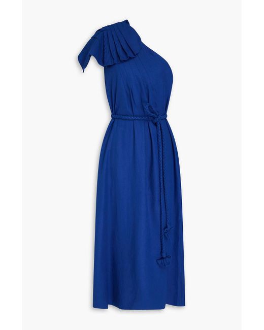 Farm Rio Blue One-shoulder Pleated Linen-blend Midi Dress