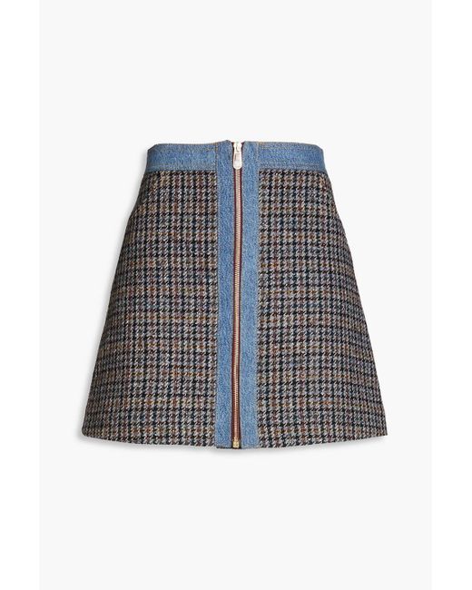Sandro Blue Mary Jane Denim-trimmed Checked Tweed Mini Skirt
